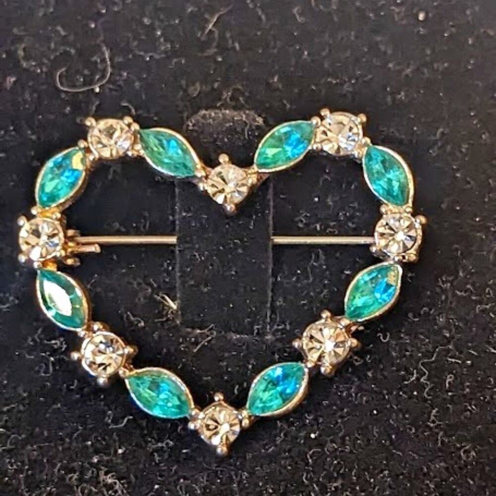 Aqua and Clear Rhinestone Silver Tone Heart Brooch